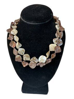 Natural Brown & Cream Mother Of Pearl Double Strand Necklace Beach Core Boho